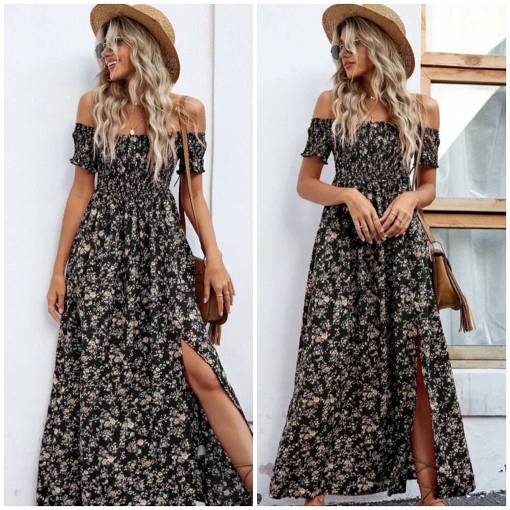 Boho Gypsy Floral off the shoulder short sleeve maxi dress